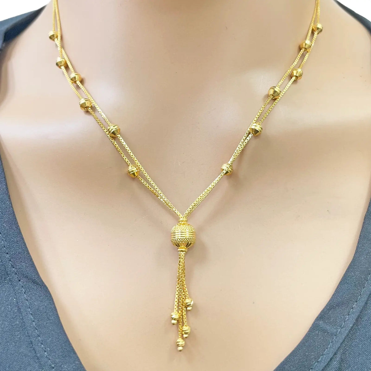 22ct Gold Beaded Tassel Layered Necklace & Earring Sparkly Diamond Cut Beads¬†