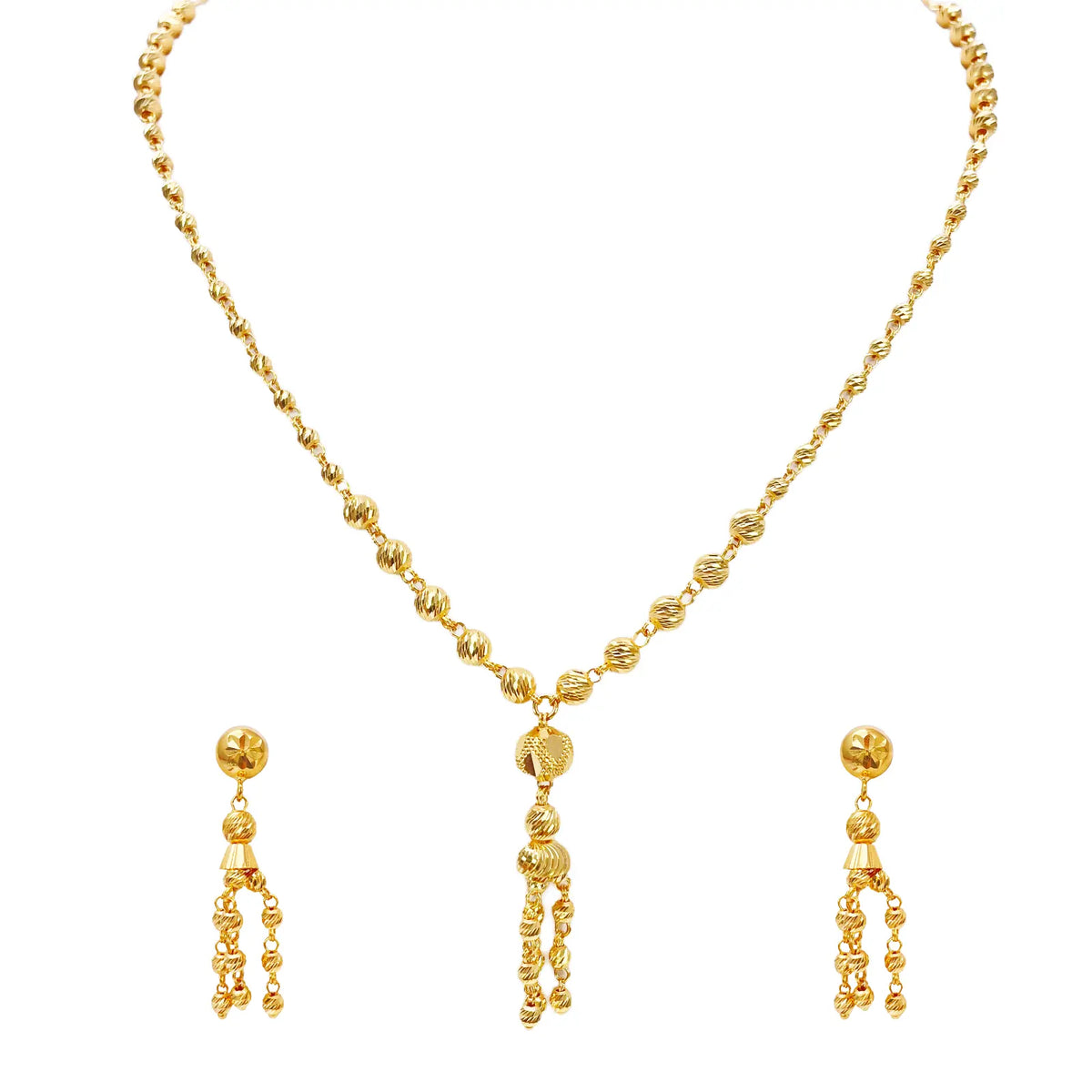 22ct Gold Beaded Tassel Necklace & Earring Sparkly Diamond Cut Beads 18 Inches¬†