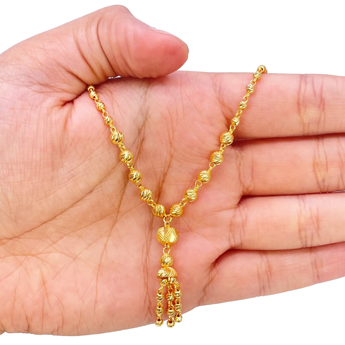 22ct Gold Beaded Tassel Necklace & Earring Sparkly Diamond Cut Beads 18 Inches¬†