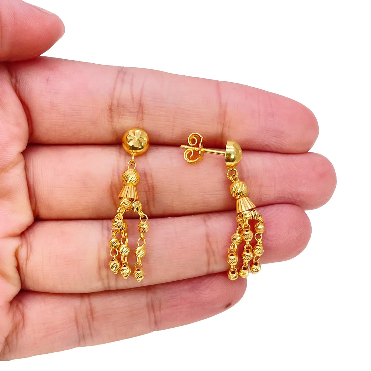22ct Gold Beaded Tassel Necklace & Earring Sparkly Diamond Cut Beads 18 Inches¬†