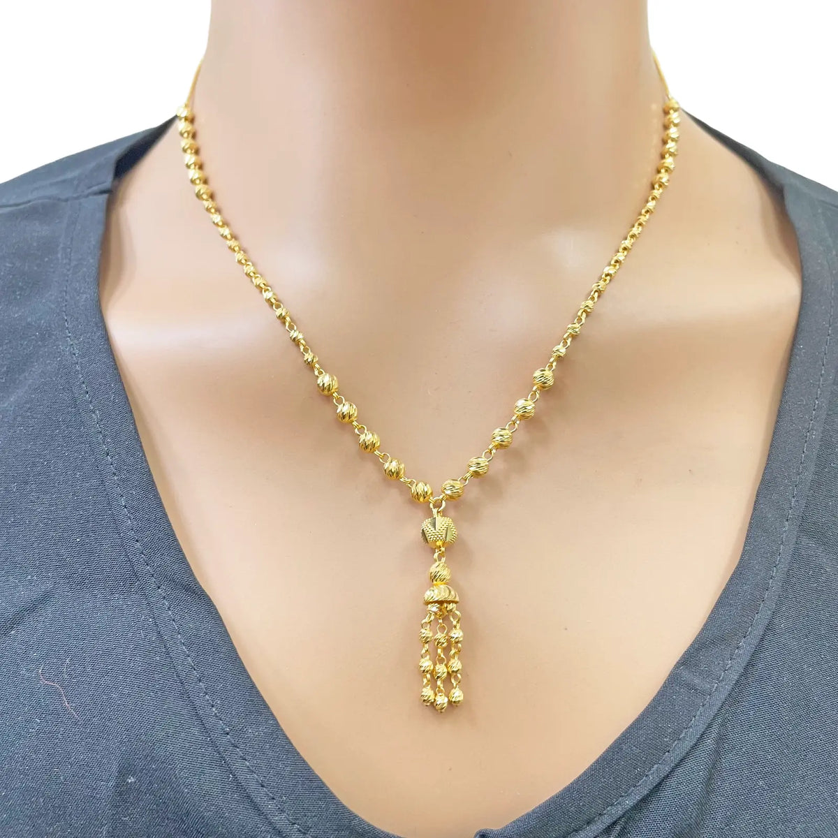 22ct Gold Beaded Tassel Necklace & Earring Sparkly Diamond Cut Beads 18 Inches¬†