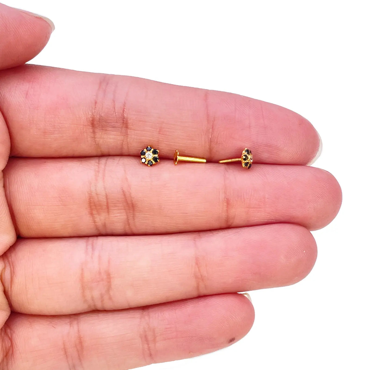 22ct Gold Children's Black Cubic Zirconia Floral Mini Stud Earrings 4mm 