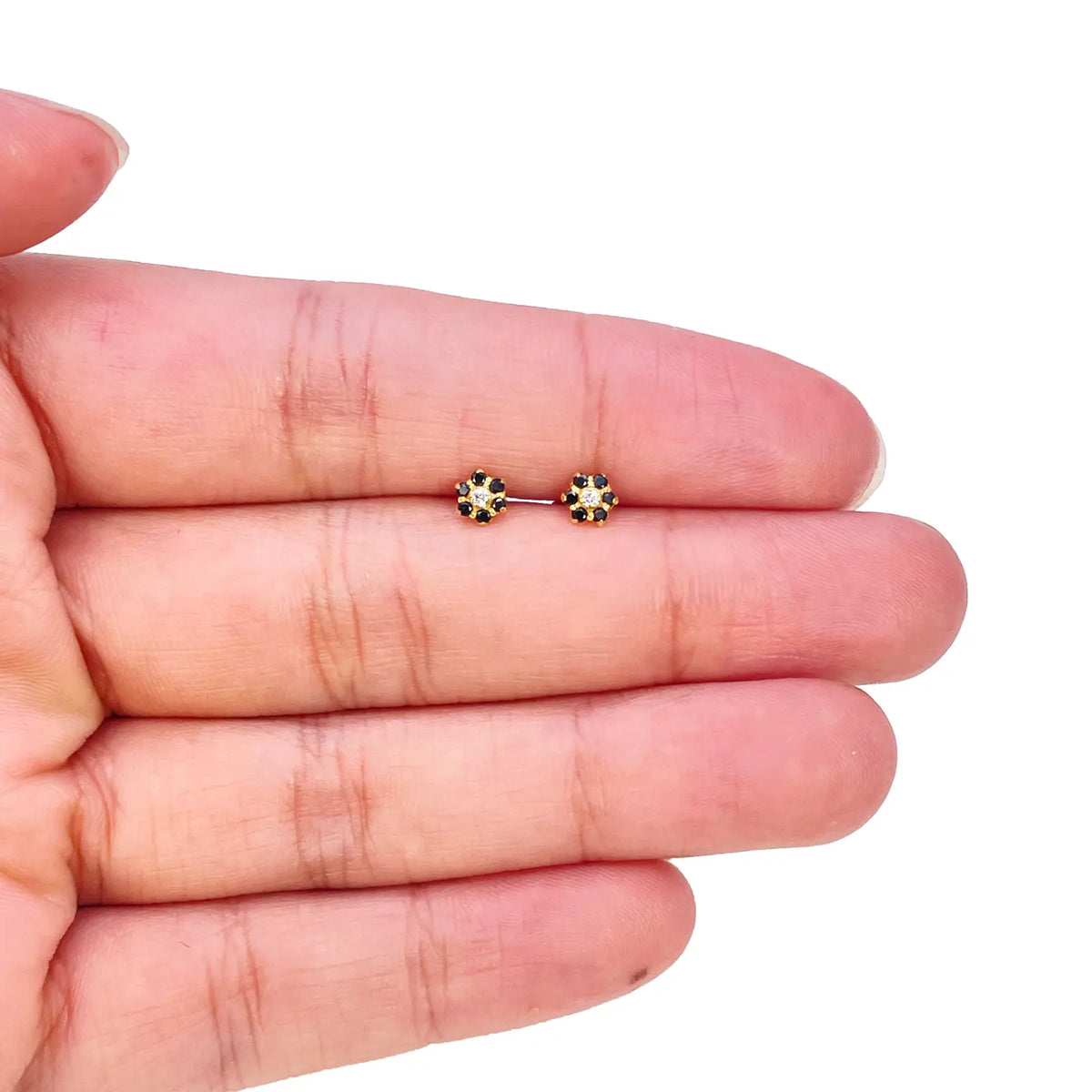22ct Gold Children's Black Cubic Zirconia Floral Mini Stud Earrings 4mm 