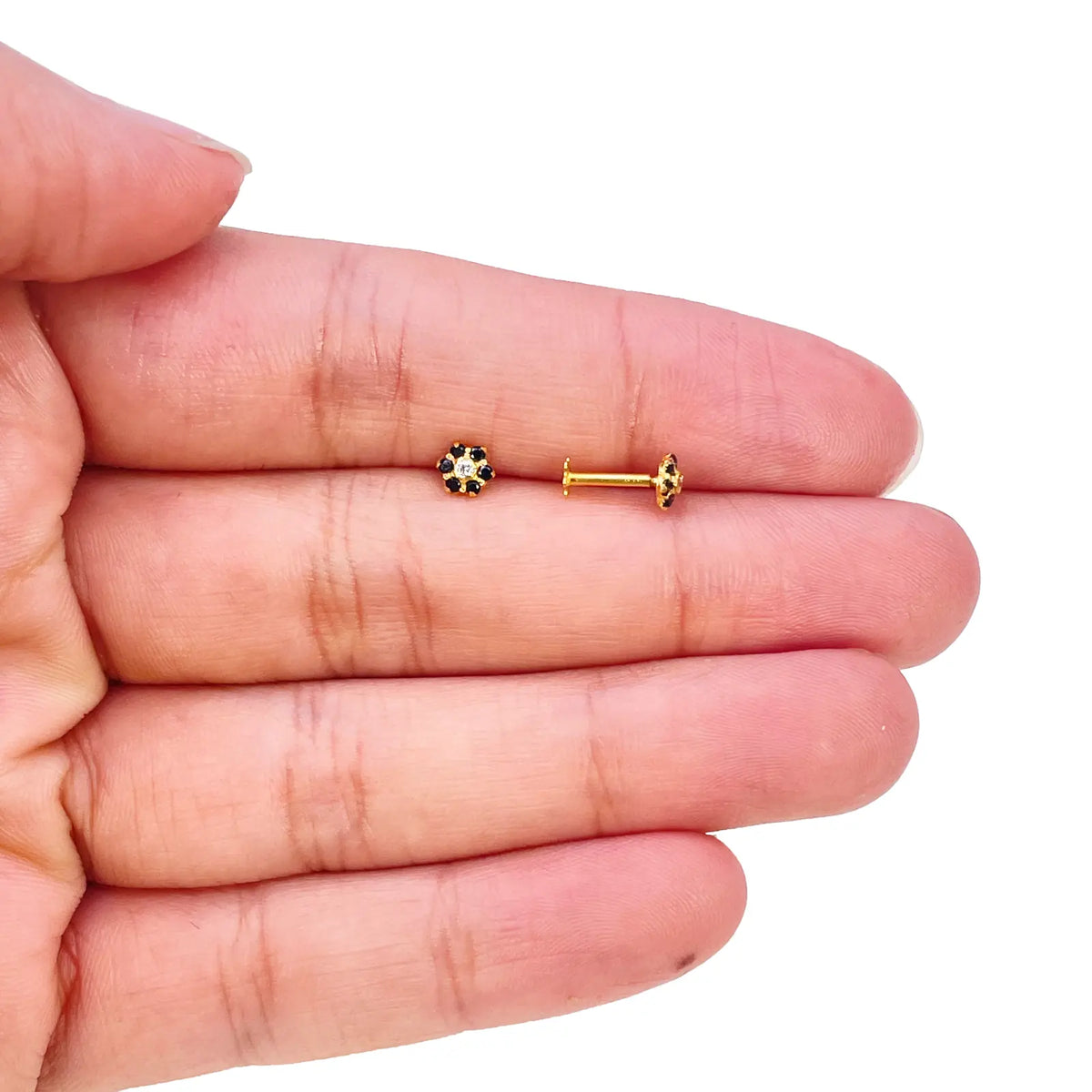 22ct Gold Children's Black Cubic Zirconia Floral Mini Stud Earrings 4mm 