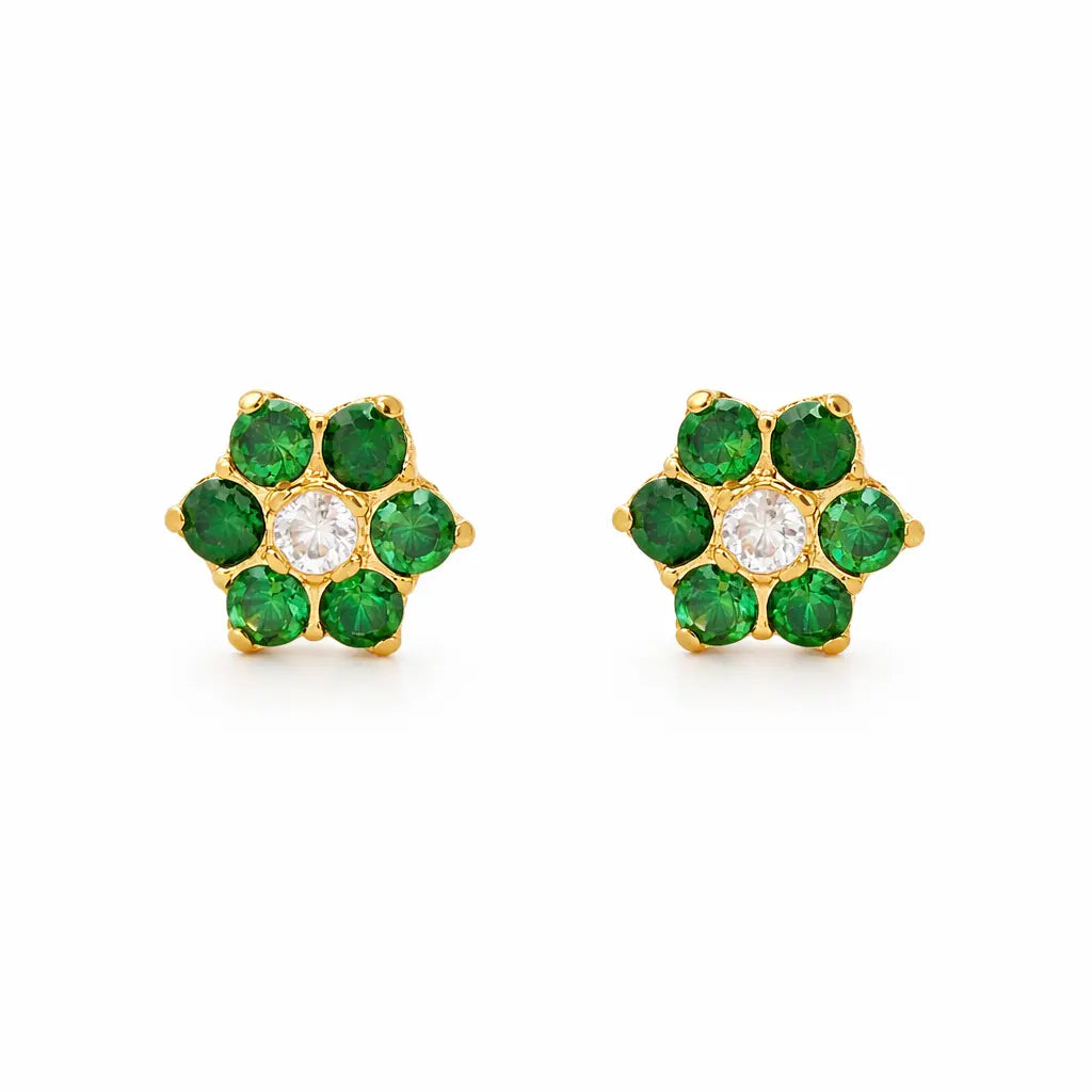 22ct Gold Children's Green Cubic Zirconia Floral Mini Stud Earrings 4mm 