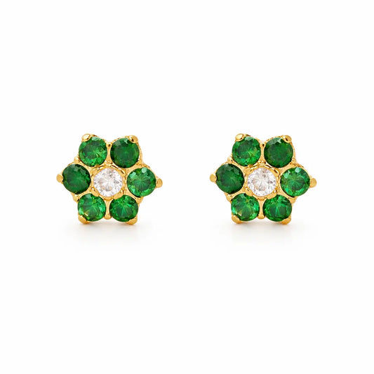 22ct Gold Children's Green Cubic Zirconia Floral Mini Stud Earrings 4mm 
