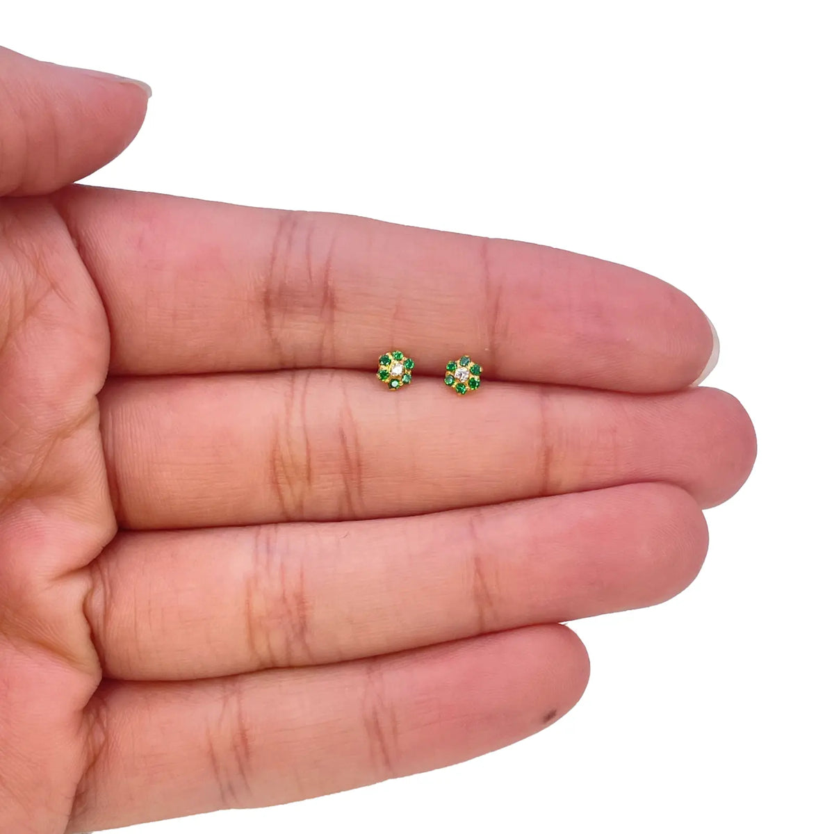 22ct Gold Children's Green Cubic Zirconia Floral Mini Stud Earrings 4mm 