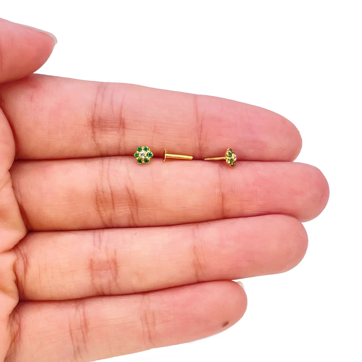 22ct Gold Children's Green Cubic Zirconia Floral Mini Stud Earrings 4mm 