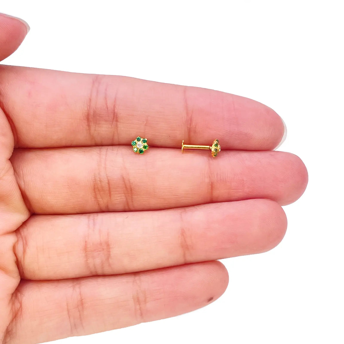 22ct Gold Children's Green Cubic Zirconia Floral Mini Stud Earrings 4mm 