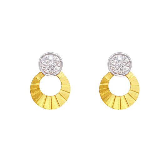 22ct Gold Circle Drop Cubic Zirconia Stud Earrings Matt Textured Design - 12x8.5mm 