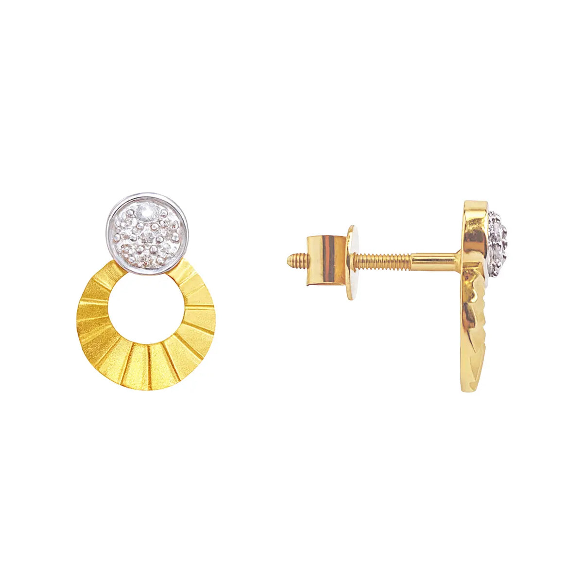 22ct Gold Circle Drop Cubic Zirconia Stud Earrings Matt Textured Design - 12x8.5mm 