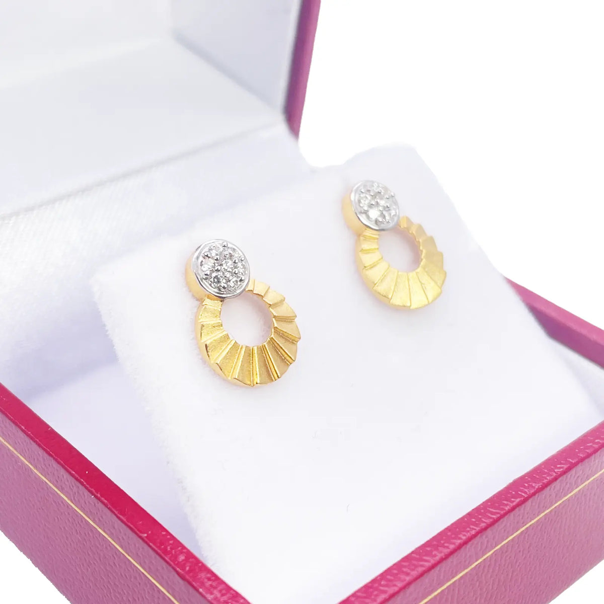 22ct Gold Circle Drop Cubic Zirconia Stud Earrings Matt Textured Design - 12x8.5mm 