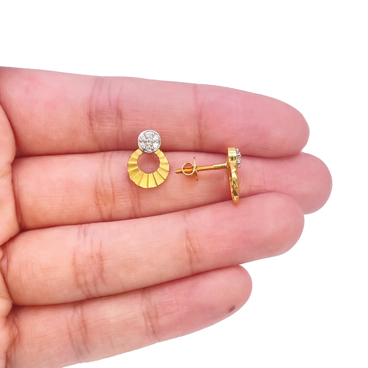 22ct Gold Circle Drop Cubic Zirconia Stud Earrings Matt Textured Design - 12x8.5mm 
