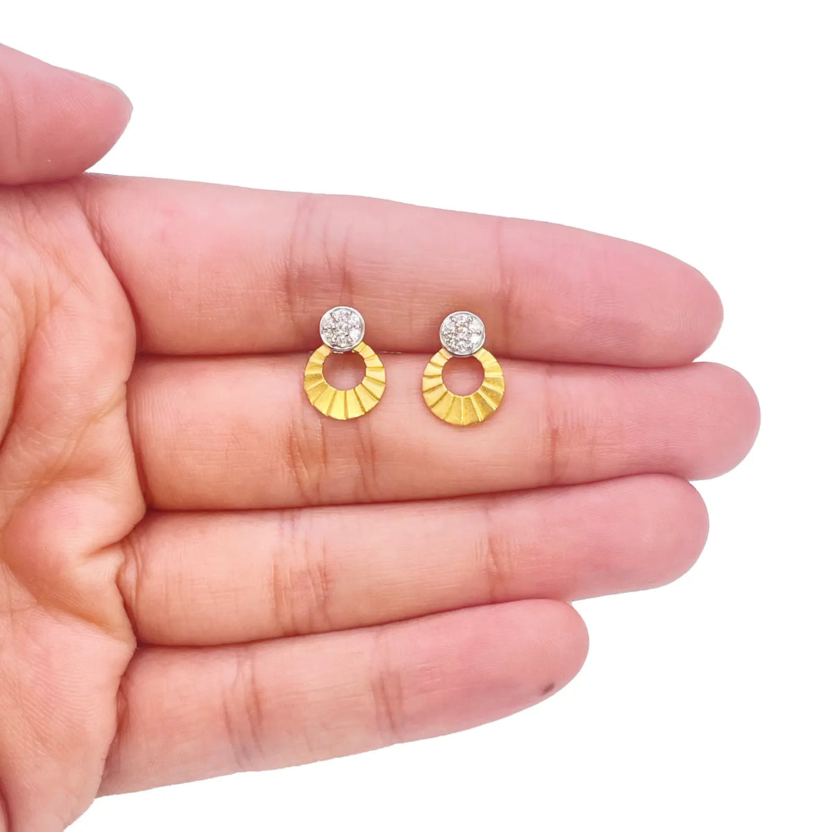 22ct Gold Circle Drop Cubic Zirconia Stud Earrings Matt Textured Design - 12x8.5mm 