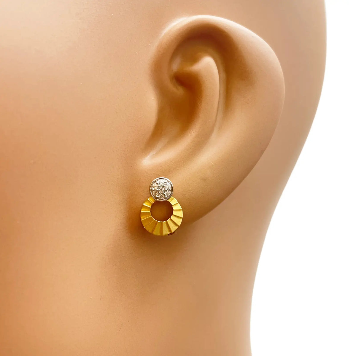 22ct Gold Circle Drop Cubic Zirconia Stud Earrings Matt Textured Design - 12x8.5mm 