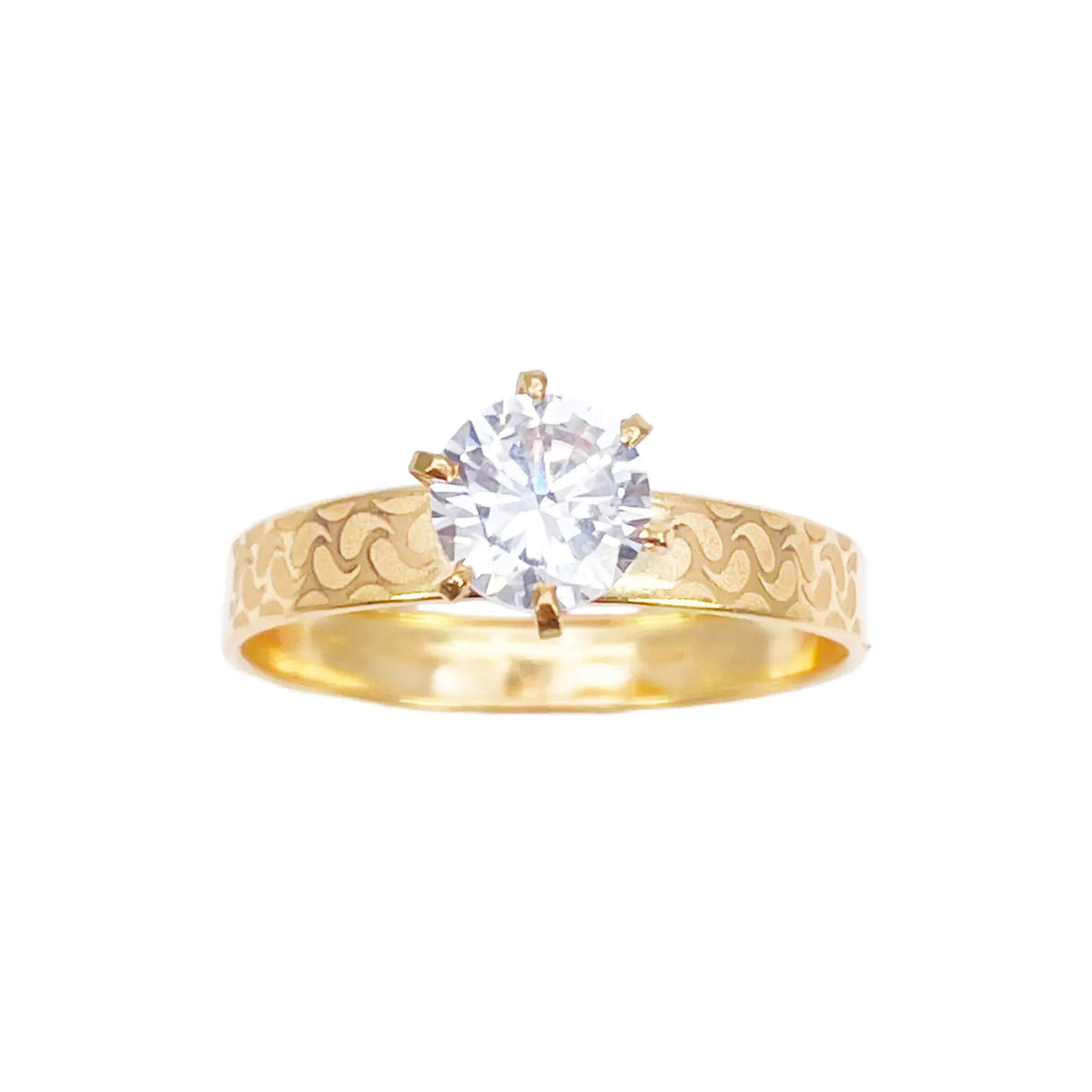 22ct Gold Cubic Zirconia Solitaire Ring Patterned Shoulder 6-Claw 7.7mm Width 