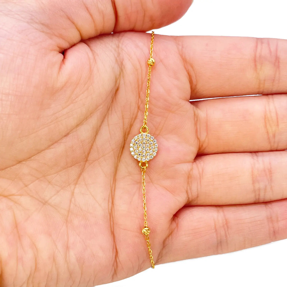 22ct Gold Dainty Beaded Cubic Zirconia Disc Bracelet Diamond Cut Lightweight 7 Inches 
