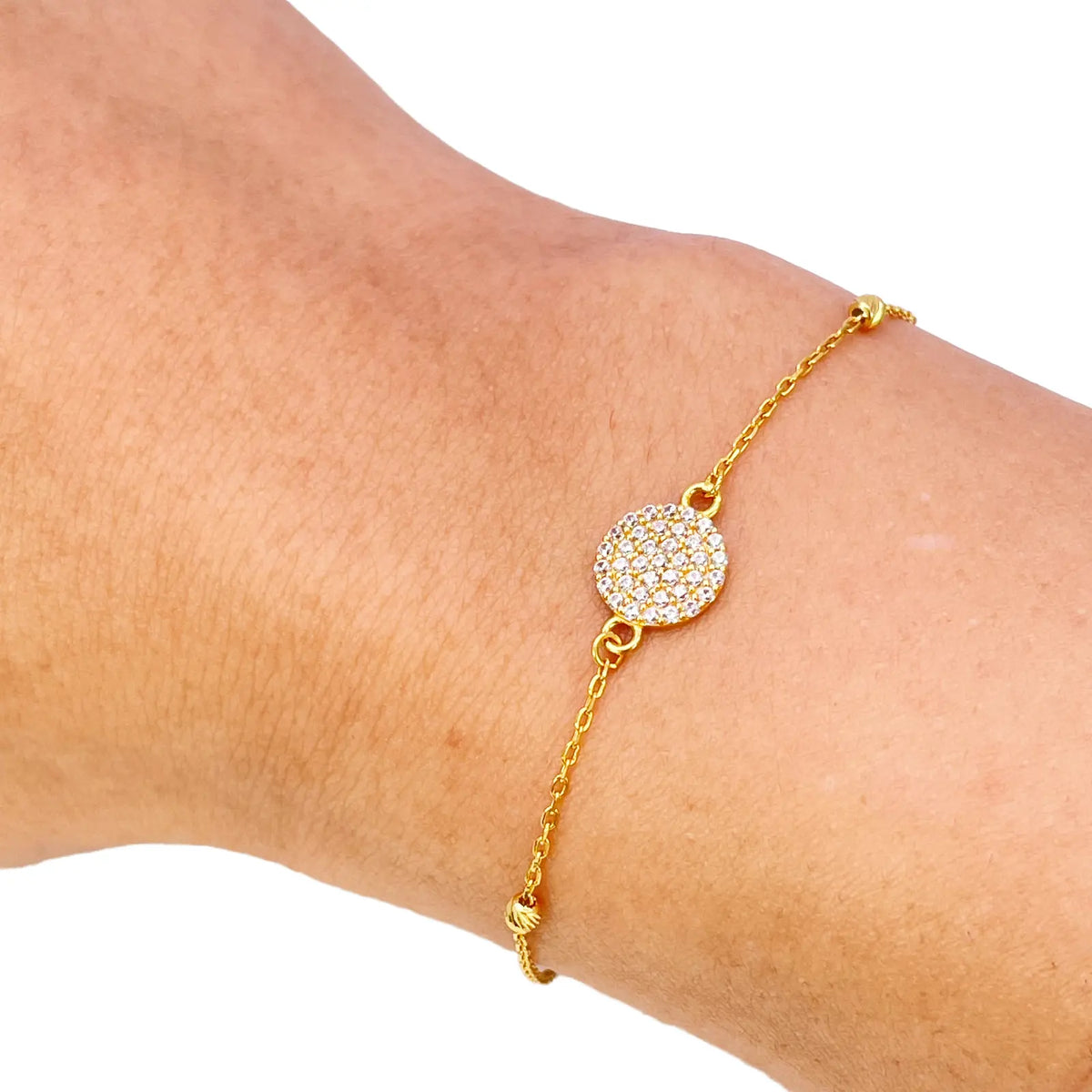 22ct Gold Dainty Beaded Cubic Zirconia Disc Bracelet Diamond Cut Lightweight 7 Inches 