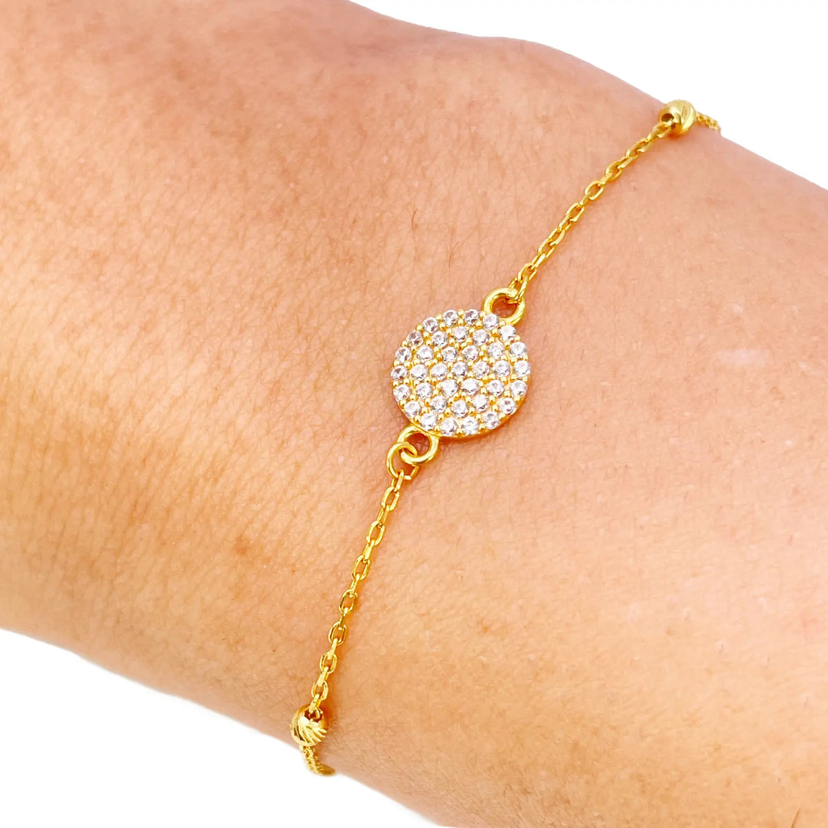 22ct Gold Dainty Beaded Cubic Zirconia Disc Bracelet Diamond Cut Lightweight 7 Inches 