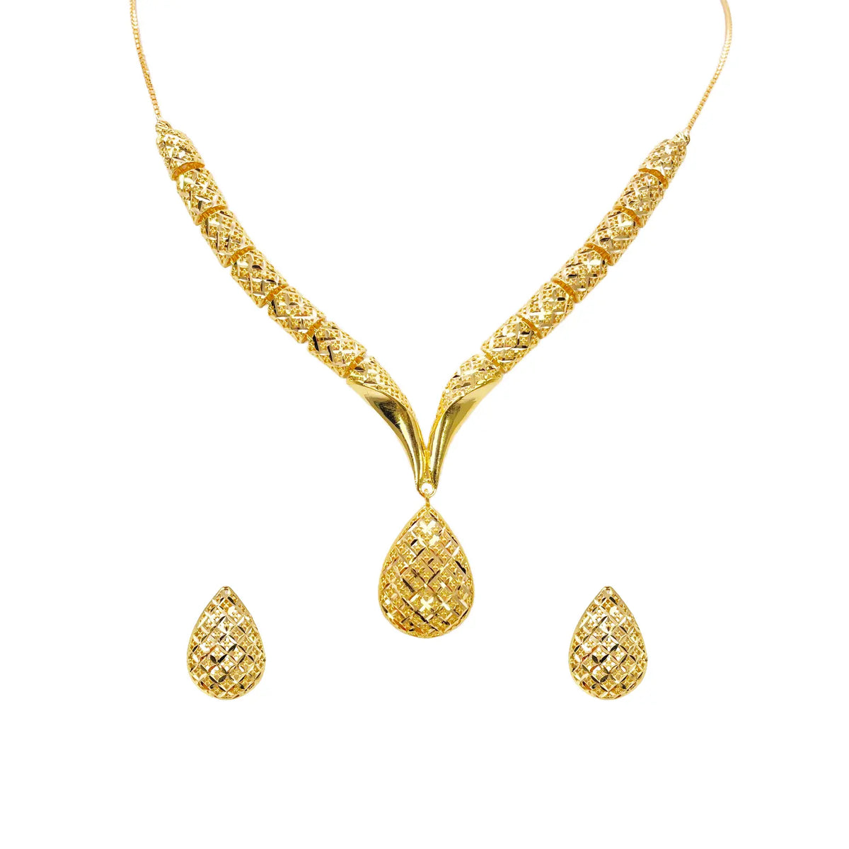 22ct Gold Diamond-Cut Mesh Textured Pear Drop Necklace and Earring Set  Gold Necklace