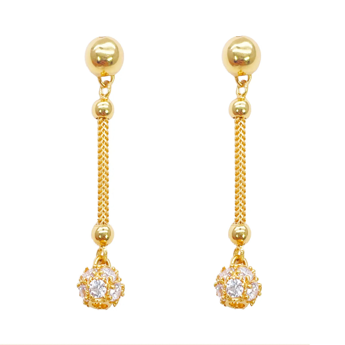 22ct Gold Drop Earrings Cubic Zirconia Glitter Ball Dragon Foxtail Chain Link 1.5 Inches 
