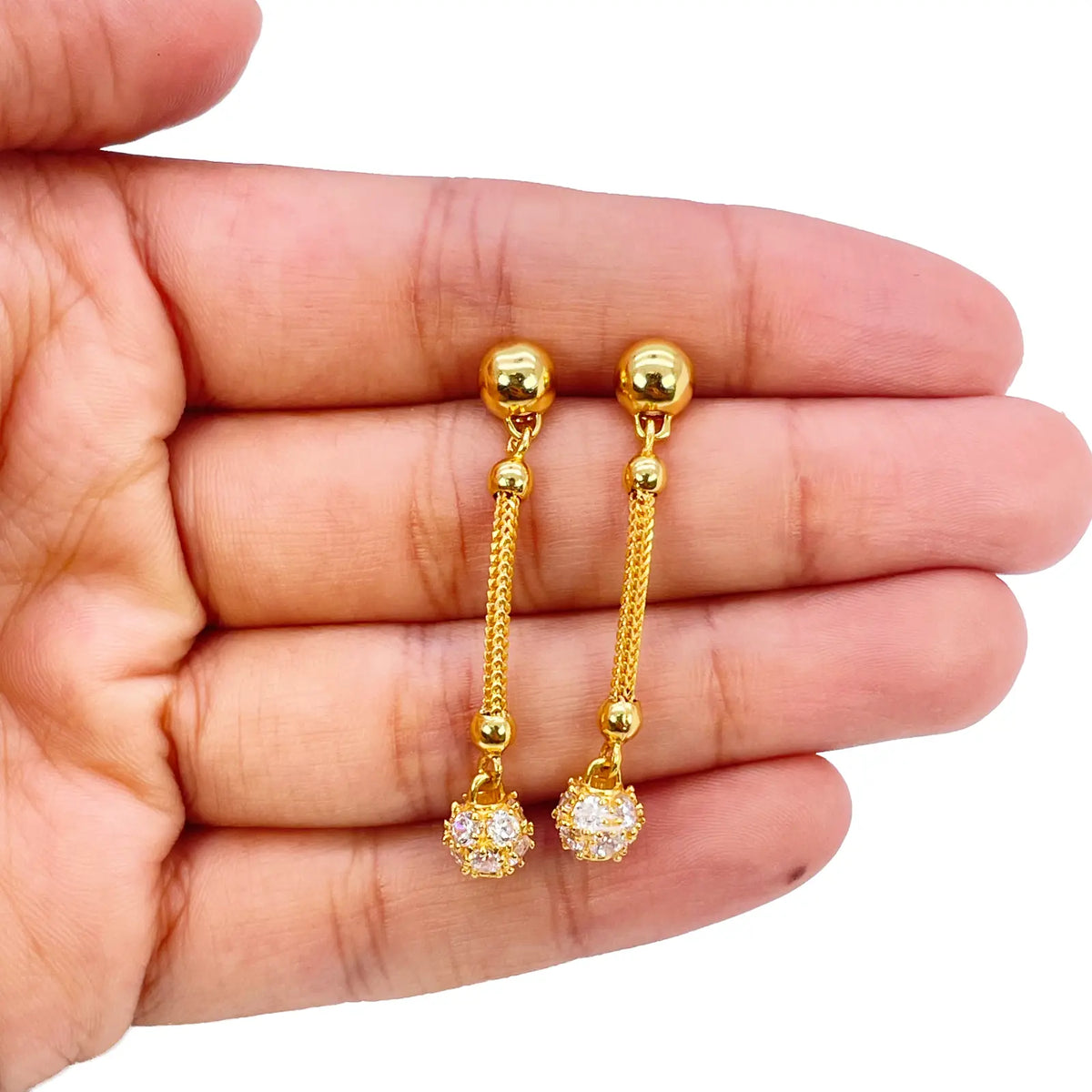 22ct Gold Drop Earrings Cubic Zirconia Glitter Ball Dragon Foxtail Chain Link 1.5 Inches 