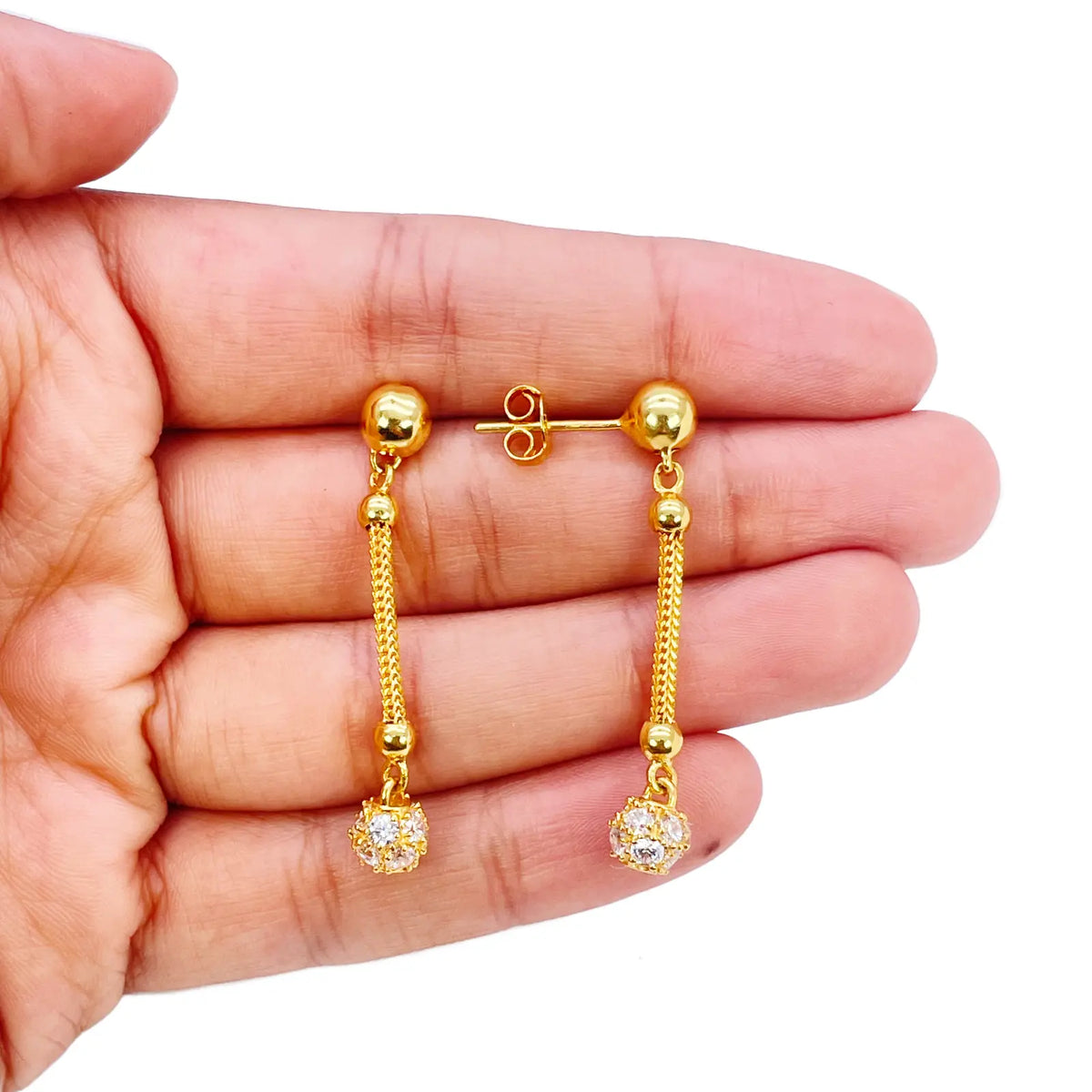 22ct Gold Drop Earrings Cubic Zirconia Glitter Ball Dragon Foxtail Chain Link 1.5 Inches 