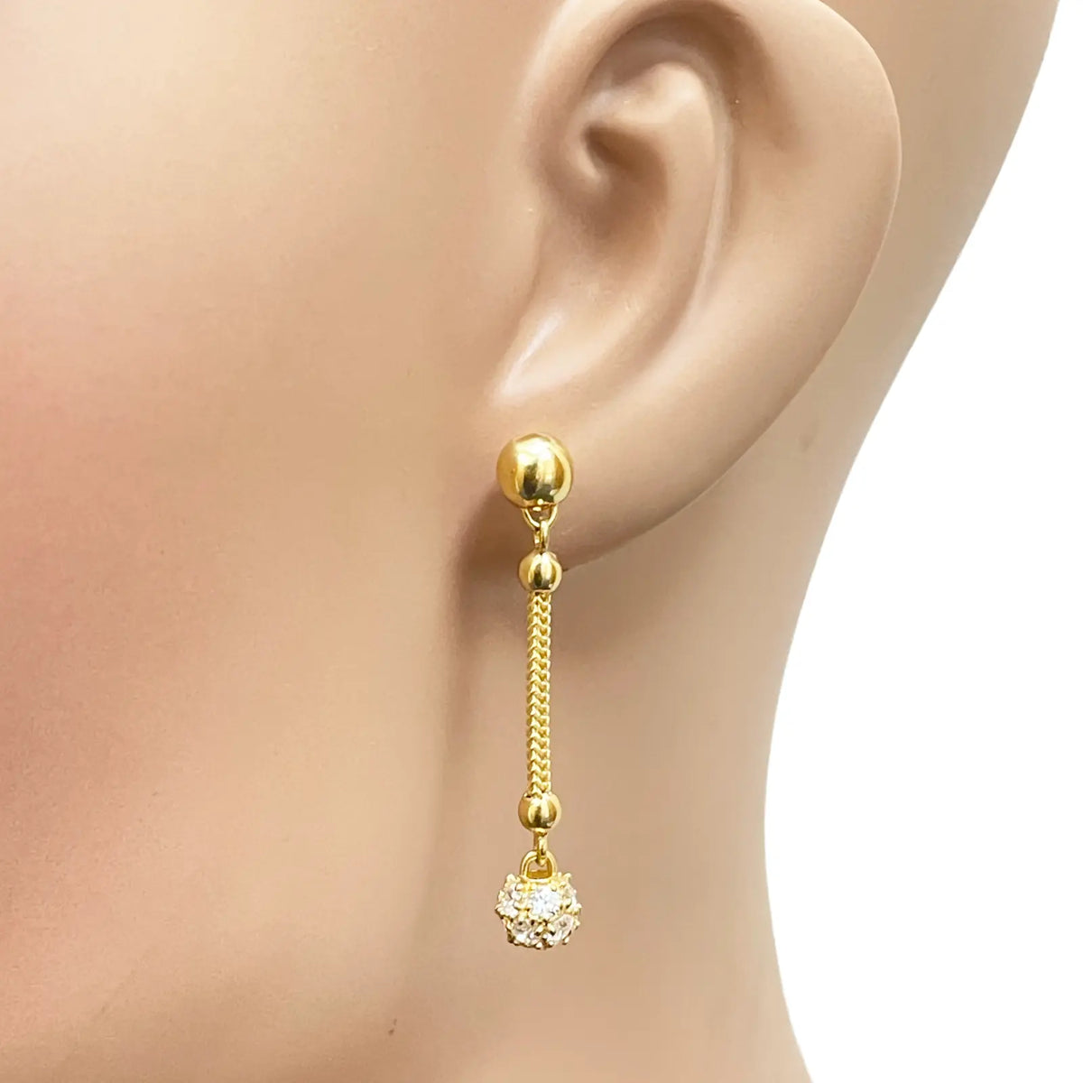 22ct Gold Drop Earrings Cubic Zirconia Glitter Ball Dragon Foxtail Chain Link 1.5 Inches 