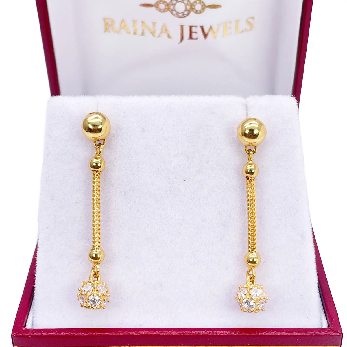 22ct Gold Drop Earrings Cubic Zirconia Glitter Ball Dragon Foxtail Chain Link 1.5 Inches 