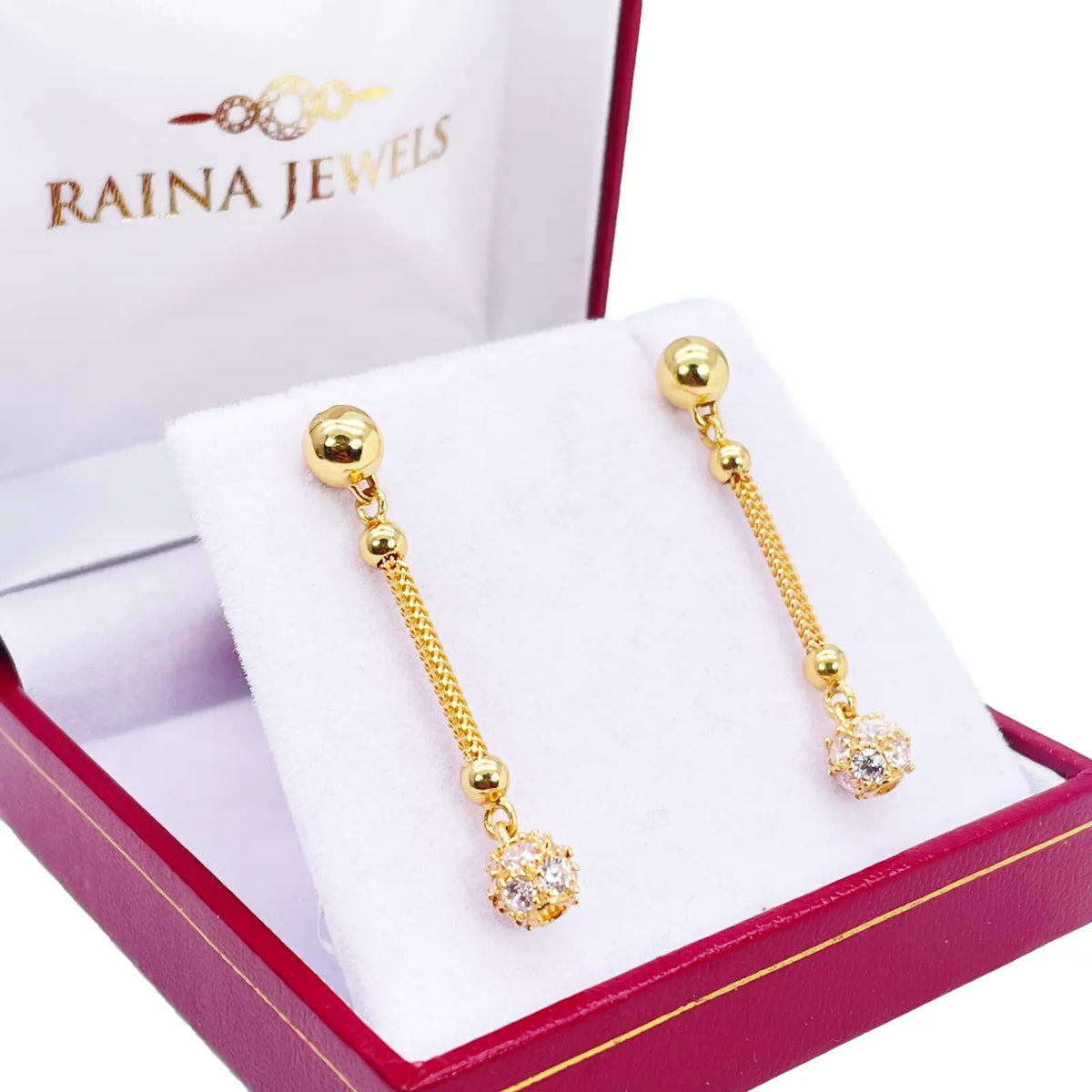 22ct Gold Drop Earrings Cubic Zirconia Glitter Ball Dragon Foxtail Chain Link 1.5 Inches 