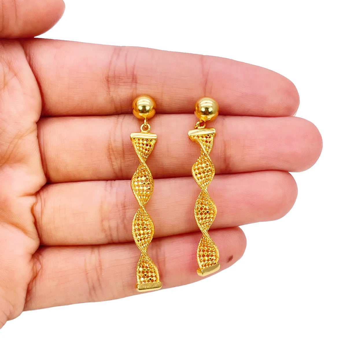 22ct Gold Drop Earrings Diamond Cut High Polished Twisted Studs 45x5.3mm 