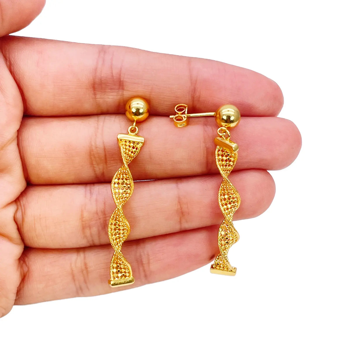 22ct Gold Drop Earrings Diamond Cut High Polished Twisted Studs 45x5.3mm 