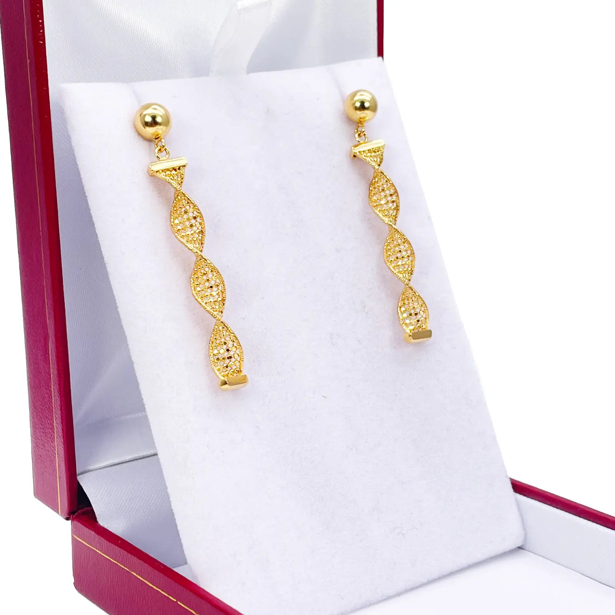 22ct Gold Drop Earrings Diamond Cut High Polished Twisted Studs 45x5.3mm 