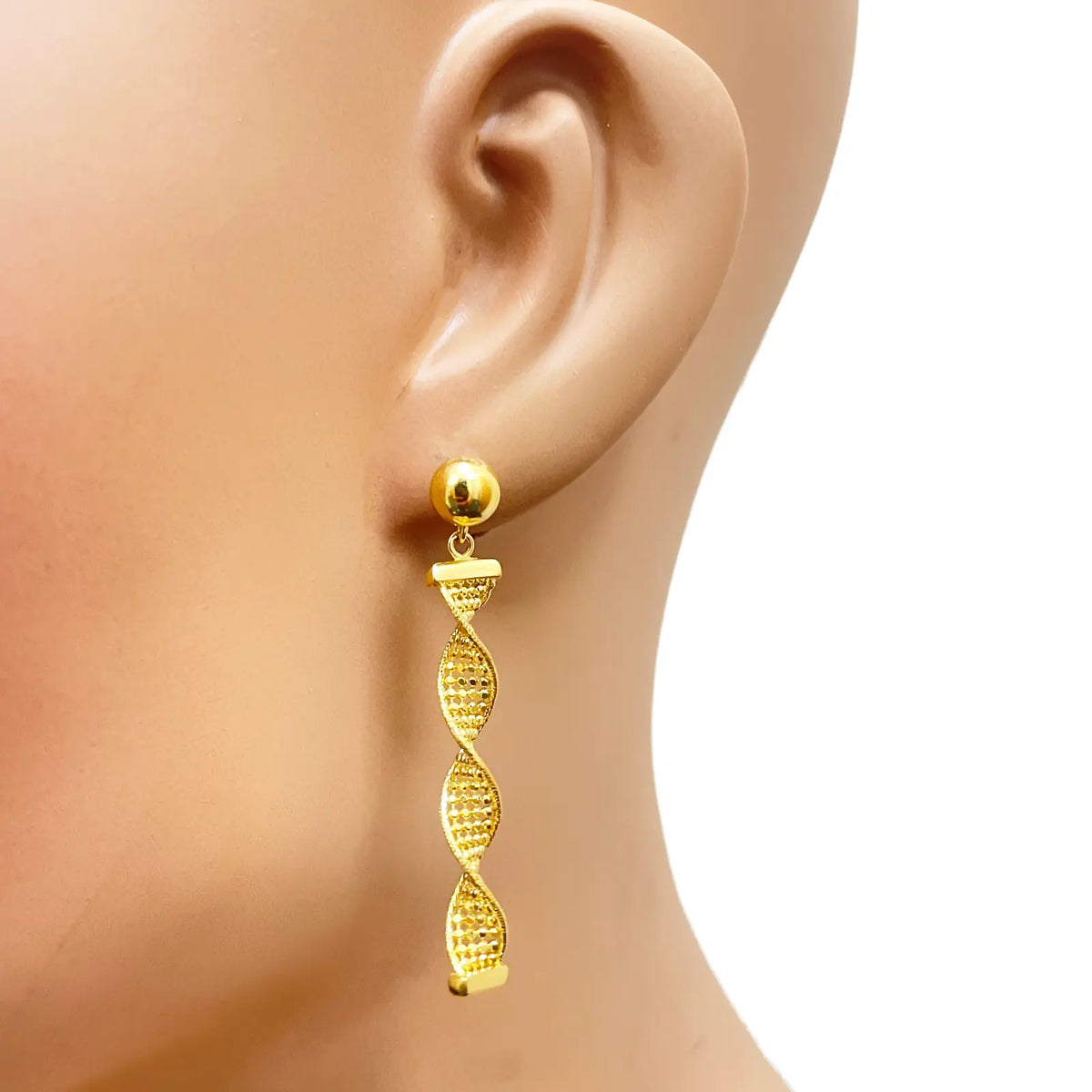 22ct Gold Drop Earrings Diamond Cut High Polished Twisted Studs 45x5.3mm 