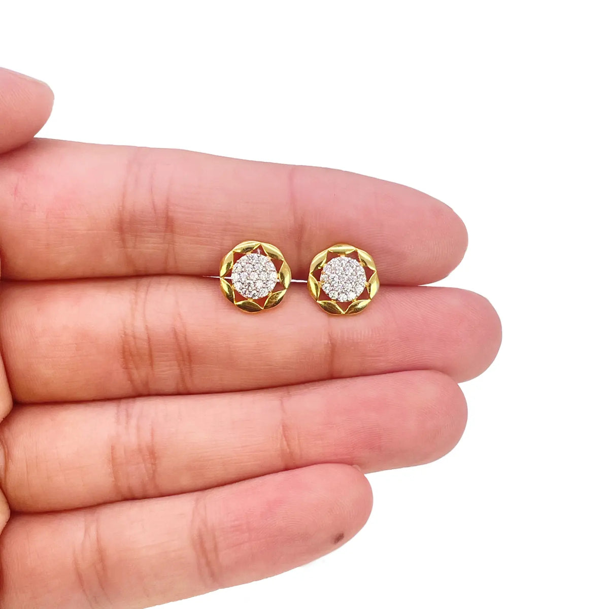 22ct Gold Floral Cubic Zirconia Cluster Stud Earrings High Polished - 9.5mm Width  Gold earring