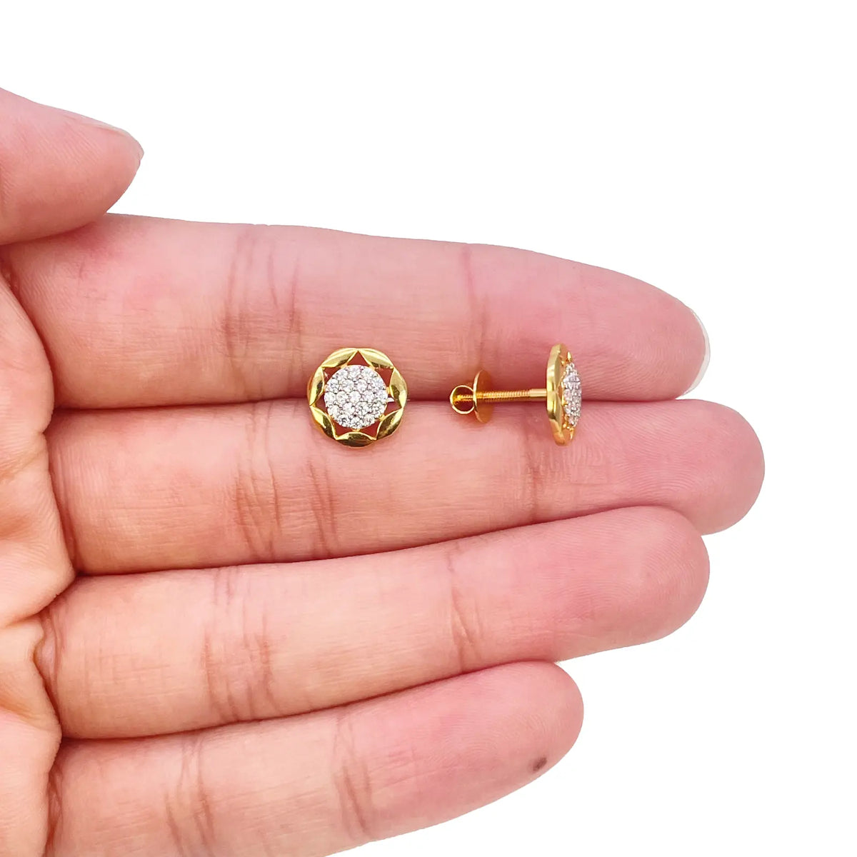 22ct Gold Floral Cubic Zirconia Cluster Stud Earrings High Polished - 9.5mm Width  Gold earring
