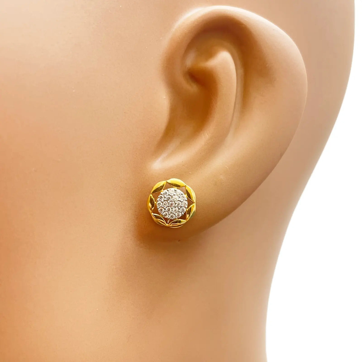 22ct Gold Floral Cubic Zirconia Cluster Stud Earrings High Polished - 9.5mm Width  Gold earring