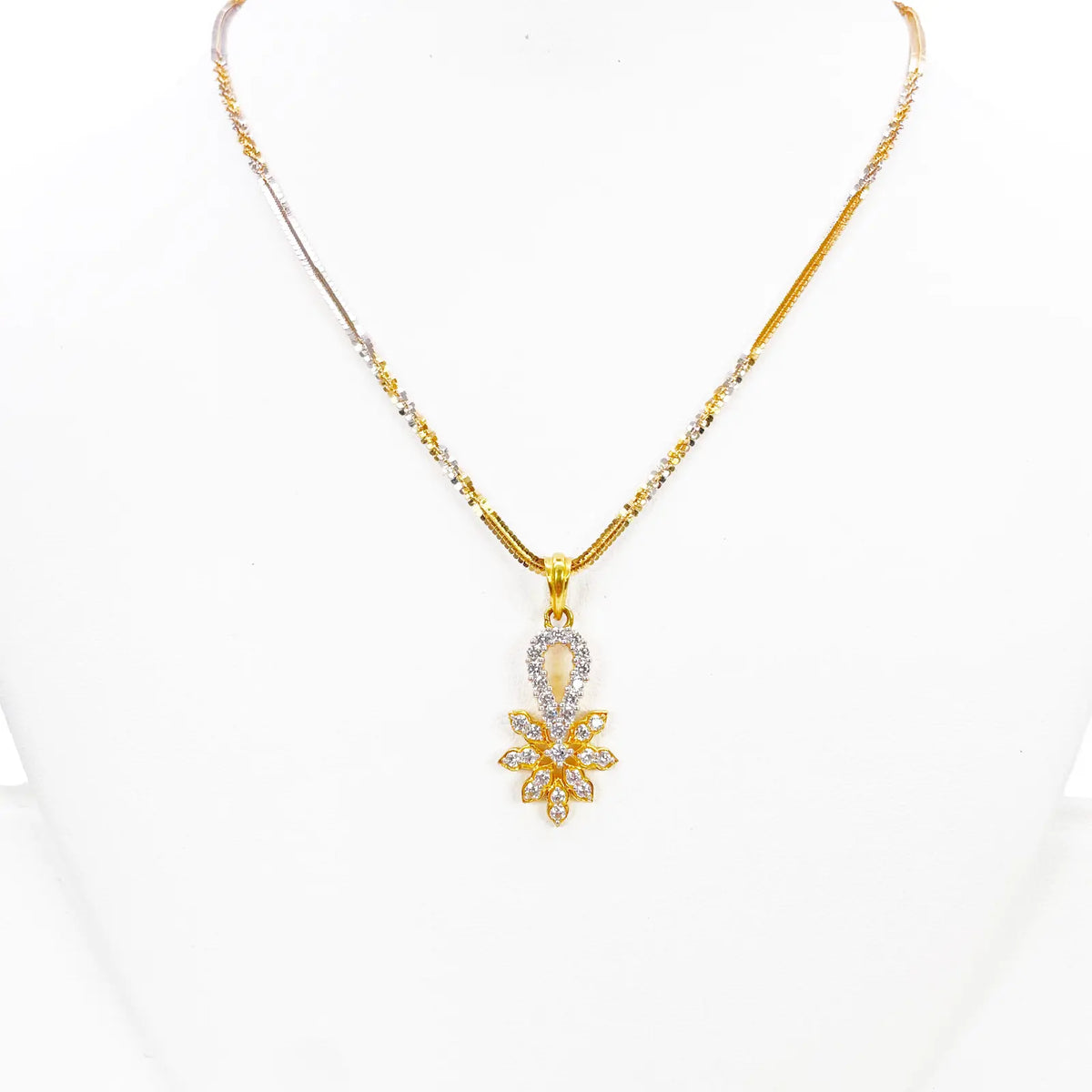 22ct Gold Floral Cubic Zirconia Necklace & Earring Set With Fancy Two-Tone Chain 