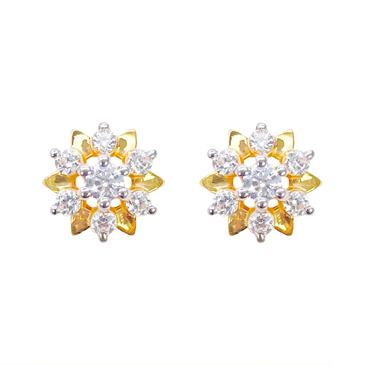 22ct Gold Floral Cubic Zirconia Stud High Polished Earrings Elegant Sparkle Design 9x9mm Width 