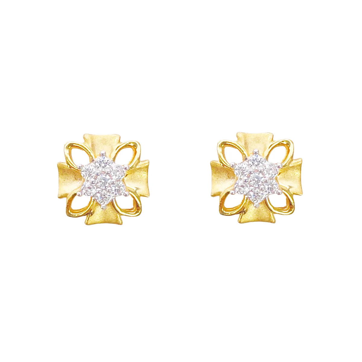 22ct Gold Floral Cubic Zirconia Stud High Polished Matt Earrings Sparkle Design 8.5x8.5mm  Gold earring
