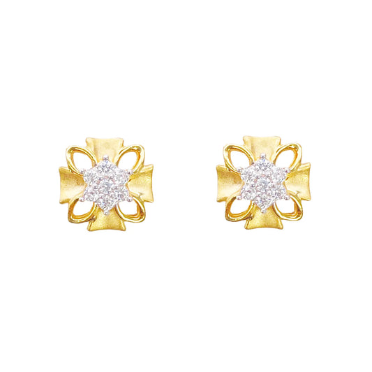 22ct Gold Floral Cubic Zirconia Stud High Polished Matt Earrings Sparkle Design 8.5x8.5mm  Gold earring