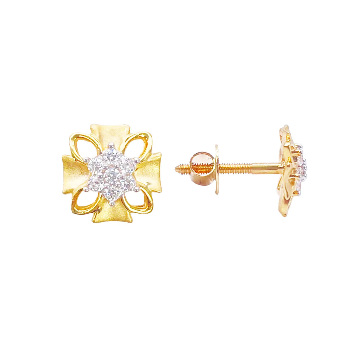 22ct Gold Floral Cubic Zirconia Stud High Polished Matt Earrings Sparkle Design 8.5x8.5mm  Gold earring
