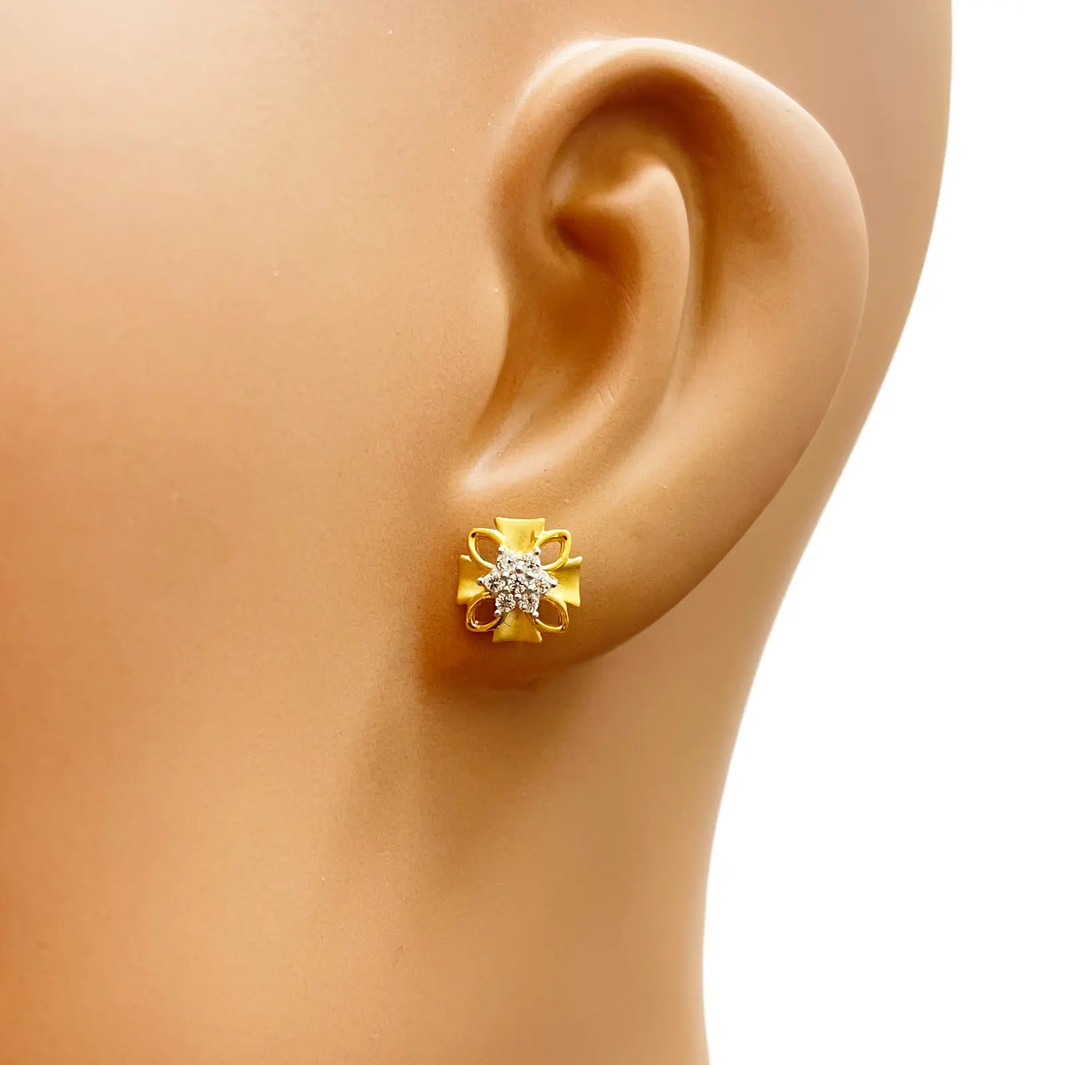 22ct Gold Floral Cubic Zirconia Stud High Polished Matt Earrings Sparkle Design 8.5x8.5mm  Gold earring
