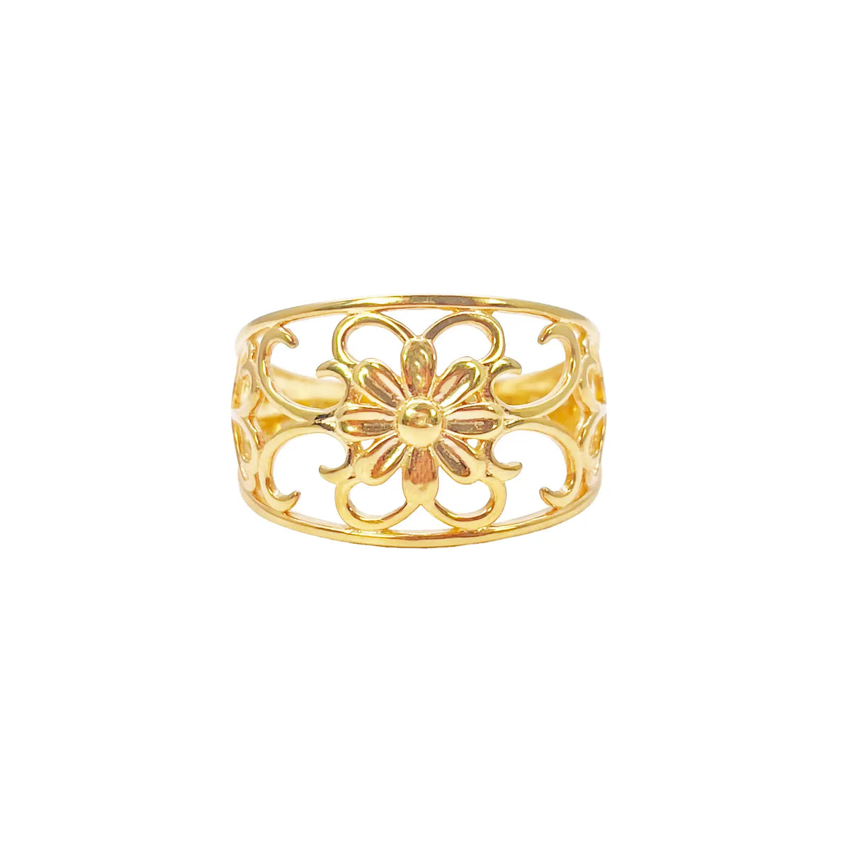 22ct Gold Floral Ring High Polished Design 12mm Width Size M 