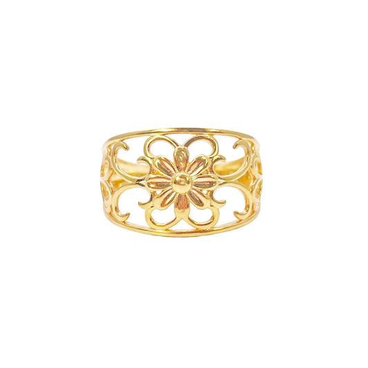 22ct Gold Floral Ring High Polished Design 12mm Width Size M 