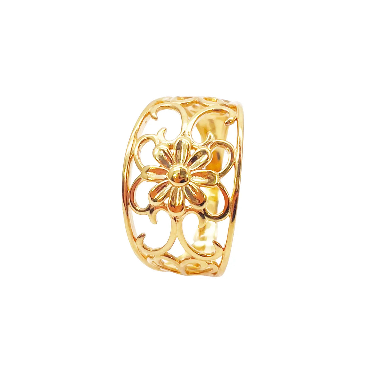 22ct Gold Floral Ring High Polished Design 12mm Width Size M 