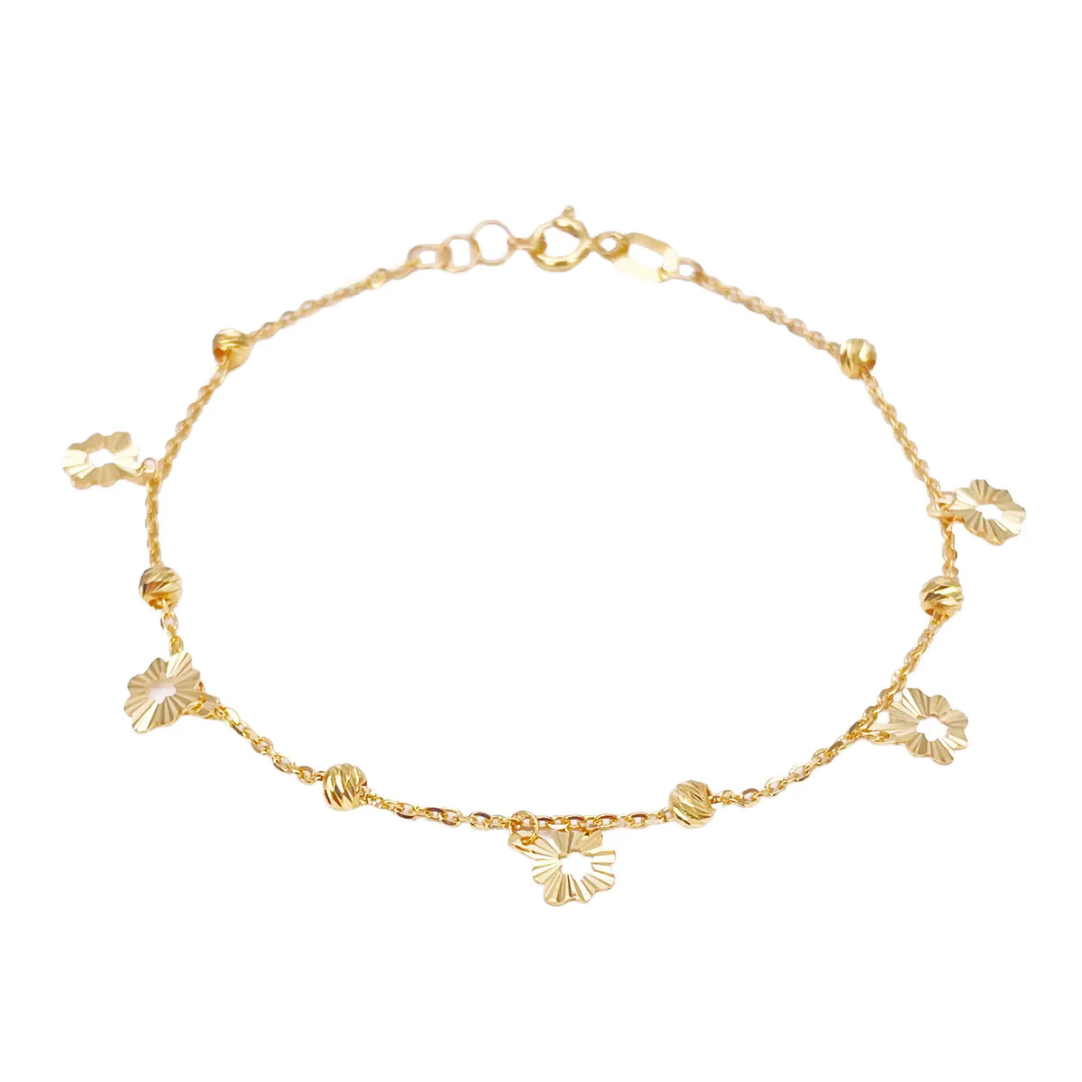 22ct Gold Flower Charm Drop & Diamond Cut Bead Cable Chain Bracelet 7 Inches¬†