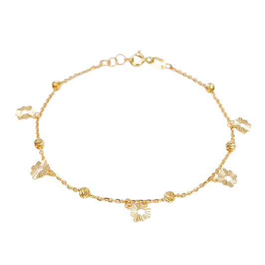 22ct Gold Flower Charm Drop & Diamond Cut Bead Cable Chain Bracelet 7 Inches¬†
