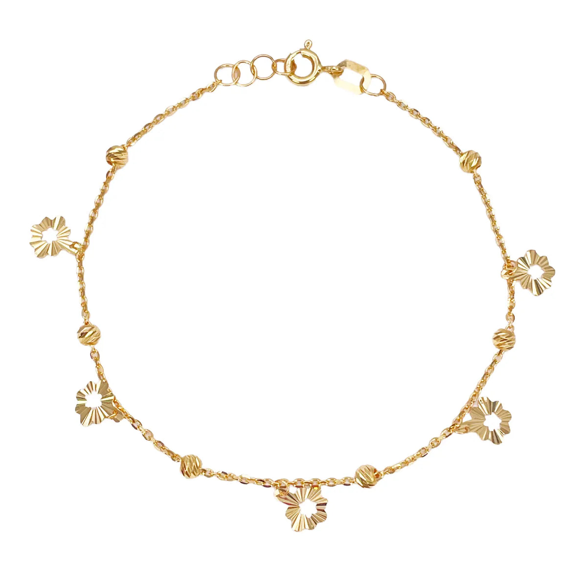 22ct Gold Flower Charm Drop & Diamond Cut Bead Cable Chain Bracelet 7 Inches¬†