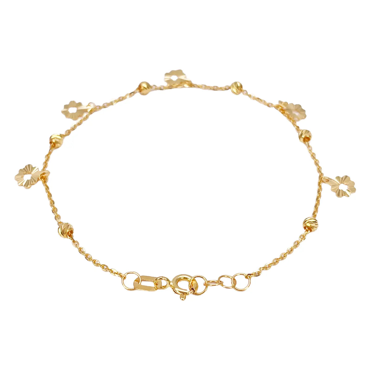 22ct Gold Flower Charm Drop & Diamond Cut Bead Cable Chain Bracelet 7 Inches¬†
